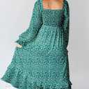 Dokotoo Boho Dresses for Women 2025 Casual Floral Square Neck Long Sleeve Smocked Elastic Waist Tiered Ruffle Hem Maxi Dress (Green)