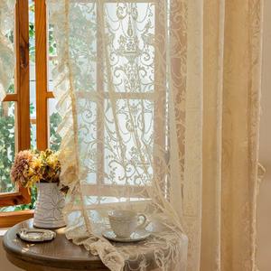 TUDECO Sheer Beige Curtains 72 Inch Length 2 Panels - French Country Vintage Lace Curtains with Flower Bird Pattern and Ruffle Edges, Rod Pocket Privacy Drapes for Dining Room Doorway, 59 x 72 Inch