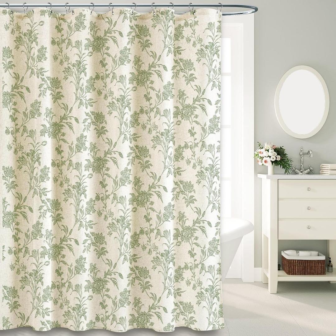 WOUVMA Sage Green Shower Curtain Floral Cotton Linen Cottagecore Shower Curtain for Bathroom 72" W x 72" L