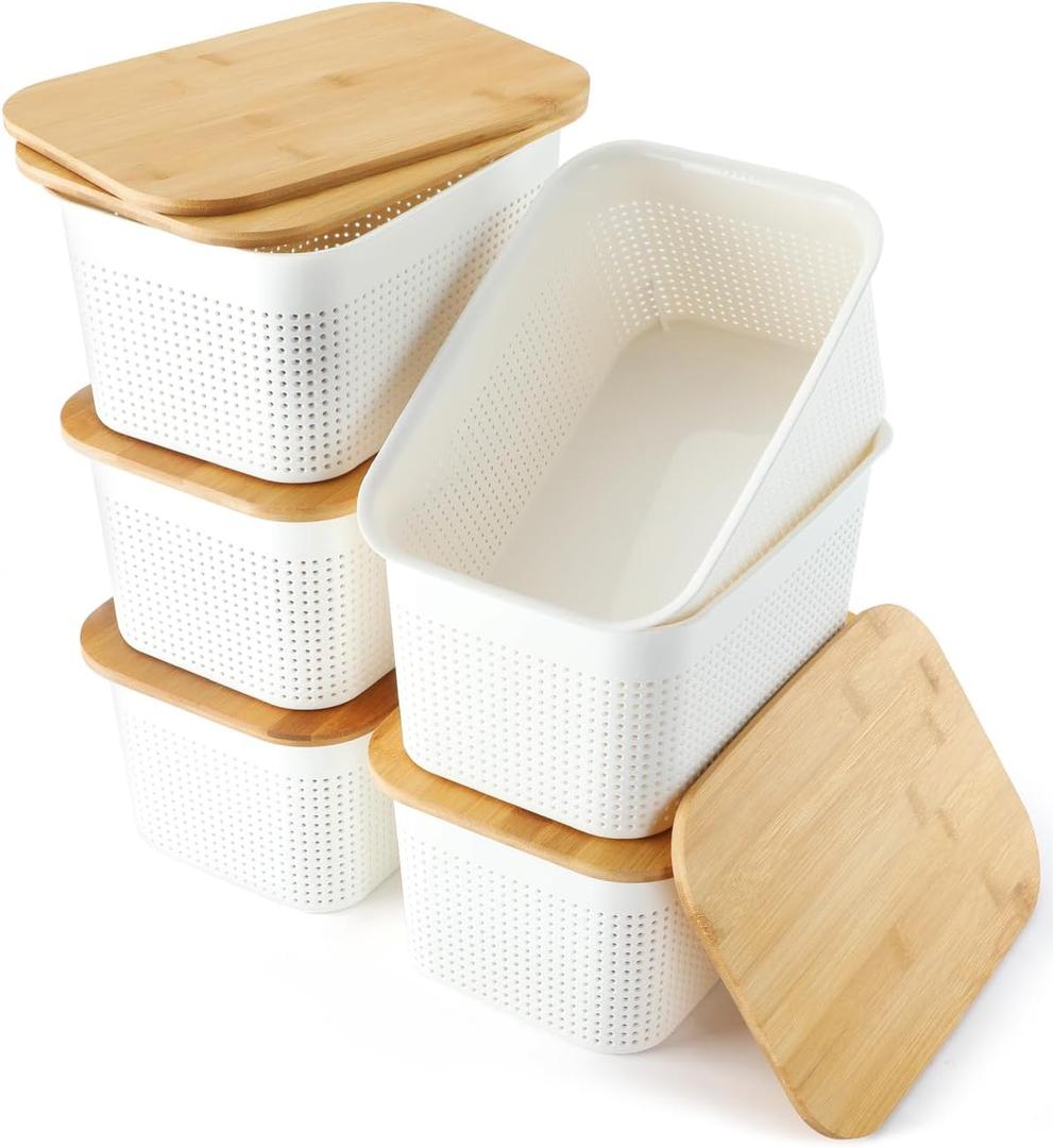 Storage Bins With Lids Pack of 6 Plastic Storage Containers With Bamboo Lids Stackable Storage Baskets for Organizing Desktop Closet Playroom Classroom Office,White,10.8" L x 7.3" W x 5.1" H