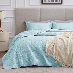 Love's cabin Quilts for Queen Bed Light Blue Bedspreads - Soft Bed Summer Lightweight Bedspread Comforter - Modern Style Wave Pattern Coverlet for All Season - 3 Pieces (1 Quilt, 2 Pillow Shams), Full/Queen