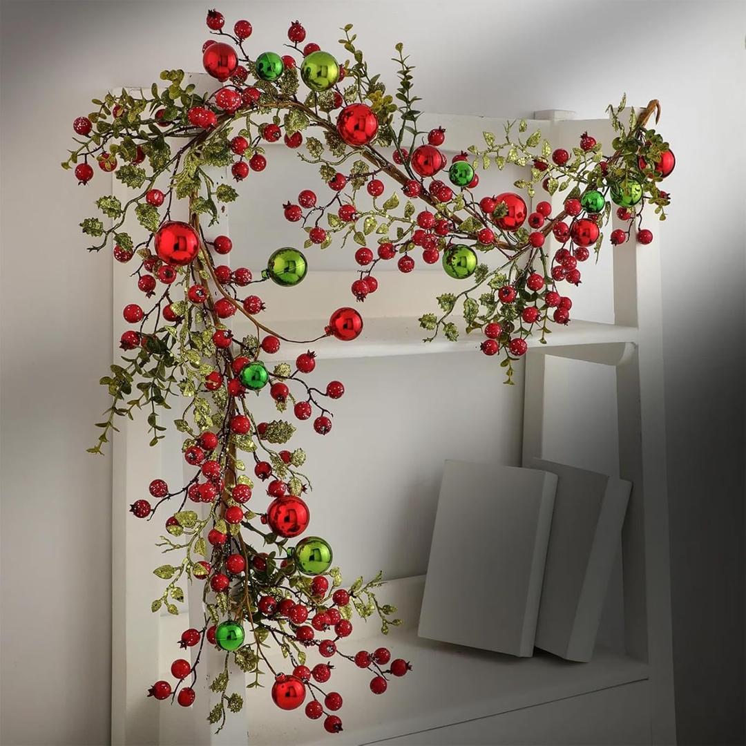 Jutom 6 ft Red and Green Bauble Christmas Garland with Red Berry Holly Eucalyptus Leaves Xmas Balls Garland Hanging Ornament for Mantle Fireplace Table Runner Centerpiece Holiday Decorations(6 ft)