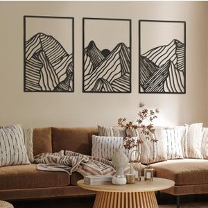 Peryiter 3 Pcs Metal Wall Art Decor Landscape Mountain Wall Hanging Decor for Living Room Abstract Minimalist Modern Mountain Line Pictures Bathroom Office Home Gifts Indoor(Black)