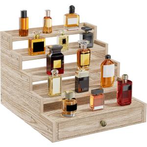 5 Tier Cologne Organizer for Men, Wooden Stand Rack Display Shelf with Drawer Storage, Large Capacity Perfume Holder for Man, Log Color