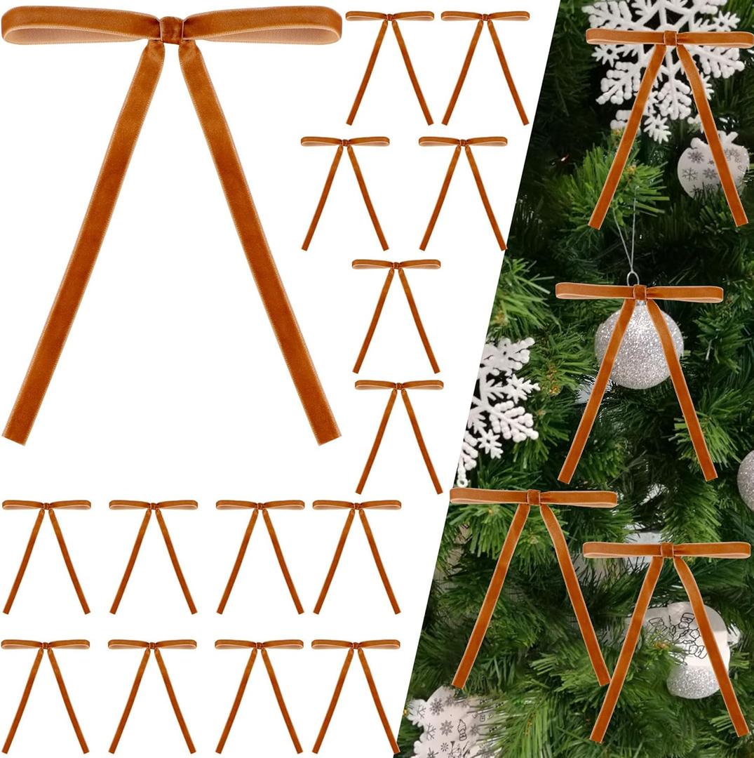 2 x 24Pcs Velvet Ribbon Bows for Christmas Tree - Vintage Decor, Door Garland, Wreath Decorations, Home & Wedding Decoration - Clear Twist Tie, 5x7 Inch, 3/8'' Width Camel