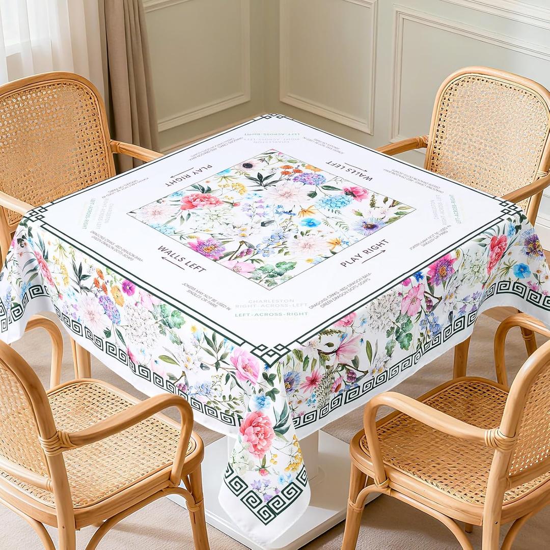 55 x 55 in Mahjong Tablecloth, Floral Card Table Mat, Multi Purpose Game Table Cover, Mahjong Party Decorations for Beginners, Lovers, Card, Board Tile Games, Poker, Dominoes (White)