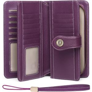 FALAN MULE Women Leather Wallet Large Capacity Bifold RFID Blocking Card Holder with Zipper Coin Pocket (AJ-Deep Purple)