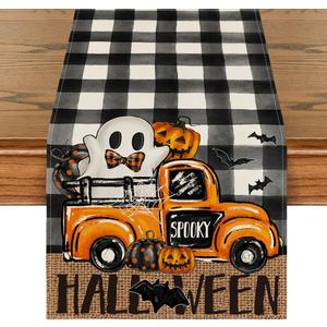 Artoid Mode Buffalo Plaid Bat Pumpkin Ghost Truck Spooky Halloween Table Runner, Sensonal Kitchen Dining Table Decoration for Home Party Decor 13x36 Inch (Black/Beige)