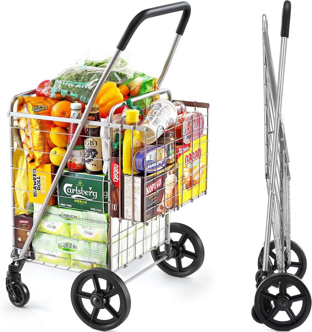 Wellmax Foldable Shopping Cart with Wheels, Folding Metal Grocery Cart with Extra Basket, Swivel Front Wheels, Lightweight & Collapsible Utility Cart for Groceries, Laundry, Seniors, Silver Color