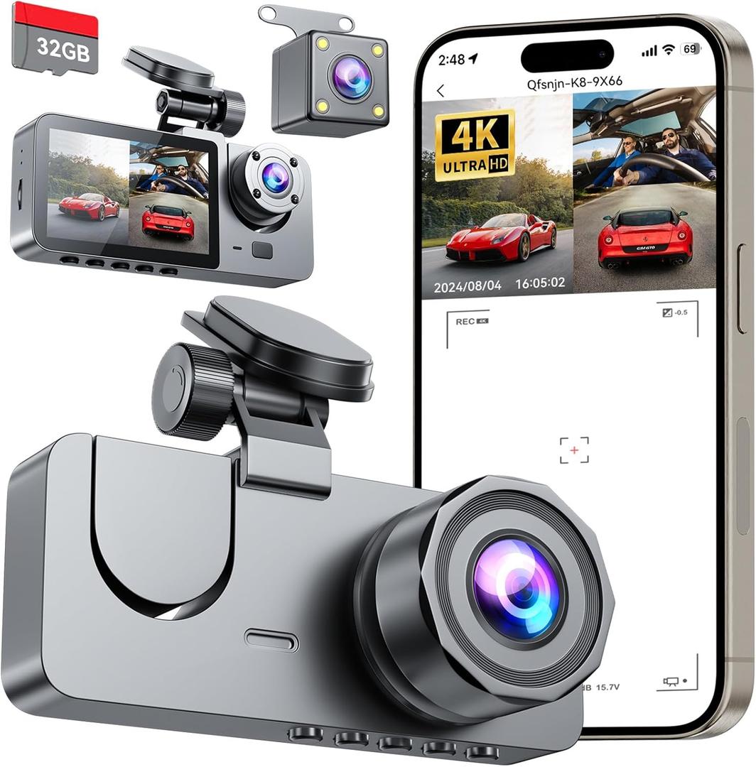 Dash Cam Front and Rear Inside 3 Channel, 4K Full UHD Dash Camera for Cars Built-in 32GB Card with IR Night Vision, 24 Hours Recording, Loop Recording, G-Sensor (Black)