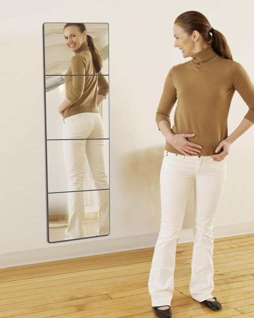 Unbreakable Full Length Wall Mirror; About 13.5"x 13.5" Inches 4 Pcs Mirror Tiles, Made of Shatterproof Plexiglass Acrylic, Plastic Long Mirrors for Home Gym, Bedroom, Door, Living Room