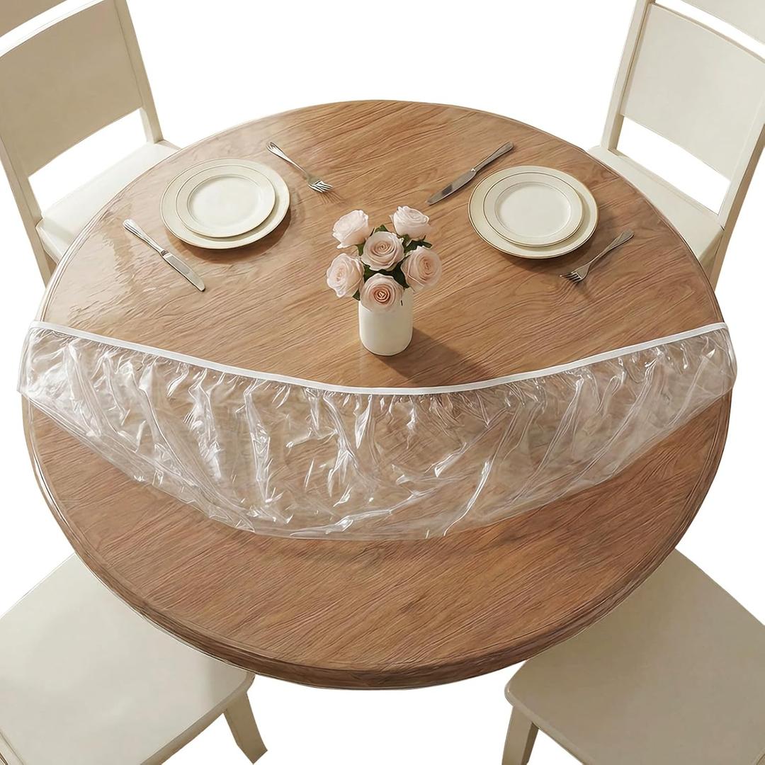 Aormenzy Clear Round Plastic Table Cover - Round Fitted Vinyl Tablecloth 48 Inch Diameter Waterproof Oilcloth Table Cloth, Elastic Edge for Secure Fit Indoor Outdoor