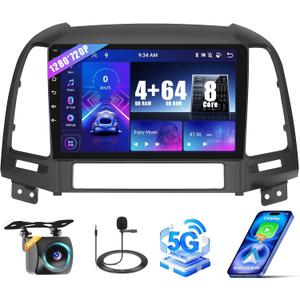 [8 Cores 4+64G] Radio for Hyundai Santa Fe 2006-2012, 9'' HD Touchscreen for Santa Fe Stereo with Wireless CarPlay /1280 * 720/GPS Navigation/WiFi/Mirror Link/Bluetooth5.0 + Backup Camera