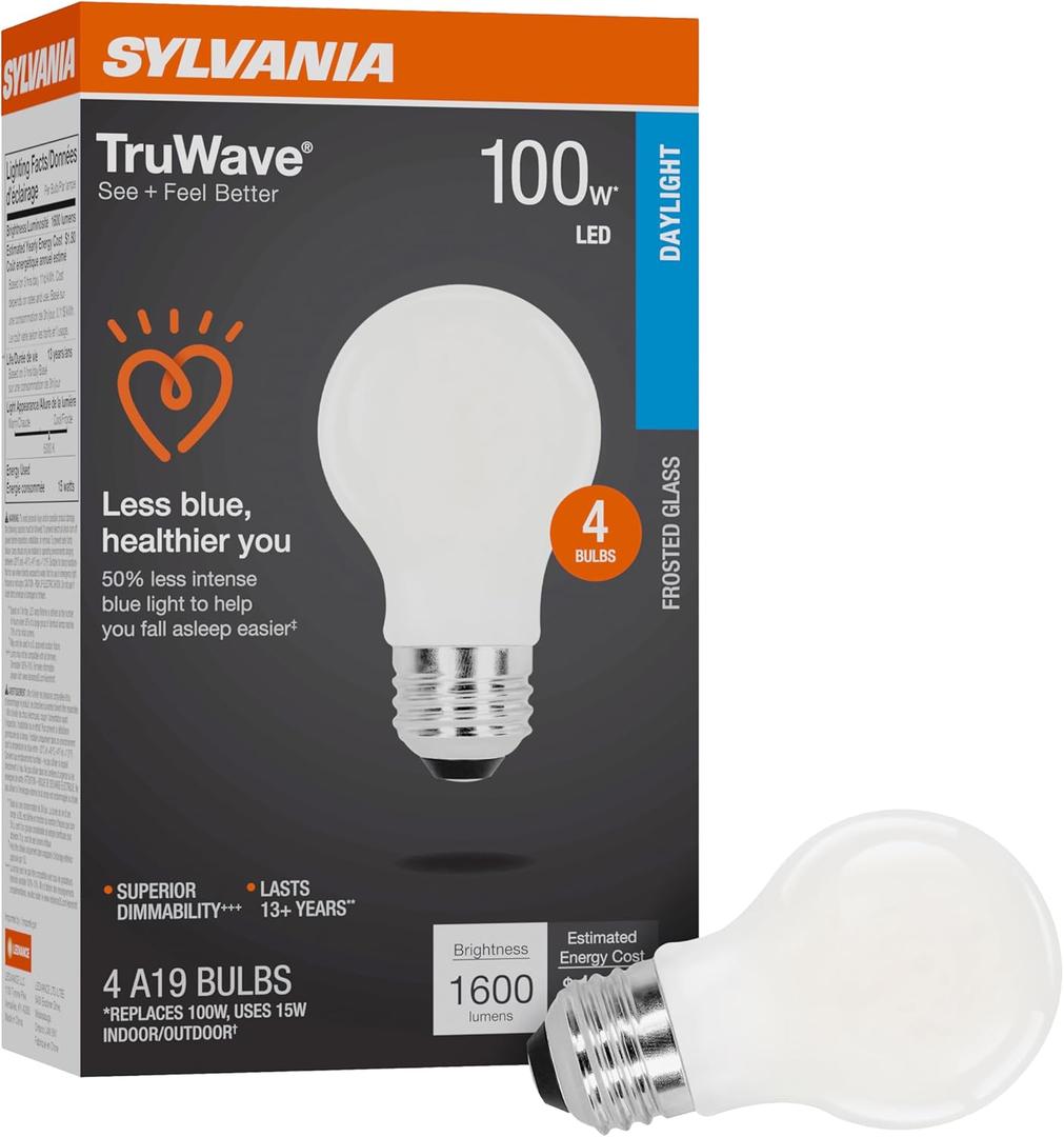Sylvania LED TruWave Natural Series A19 Light Bulb, 100W Equivalent, Efficient 15W, 1600 Lumens, Medium Base, Dimmable, Frosted, 5000K, Daylight - 4 Pack (42276)