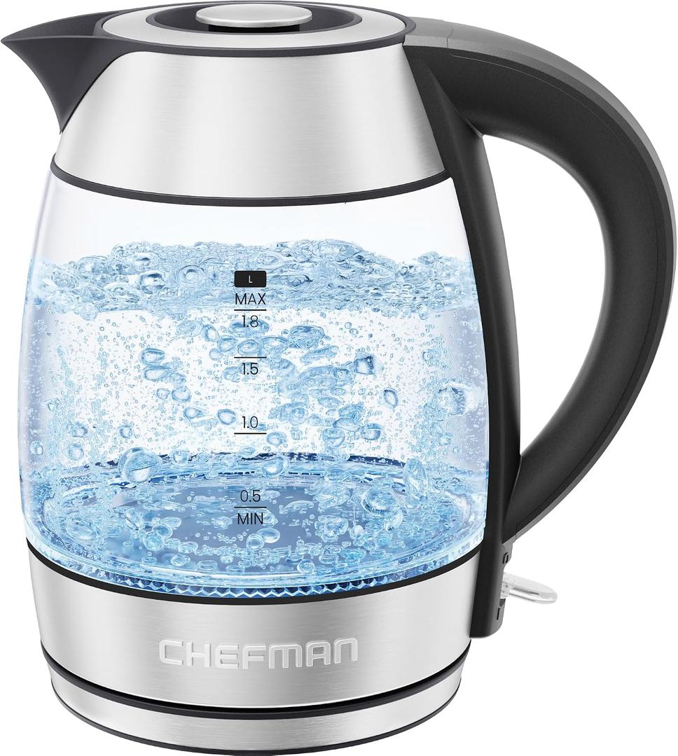 Chefman Electric Kettle 1500W, 1.8L Hot Water Boiler, Removable Lid for Easy Cleaning, LED Indicators, Auto Shutoff & Boil-Dry Protection, Borosilicate Glass Electric Tea Kettle Stainless Steel