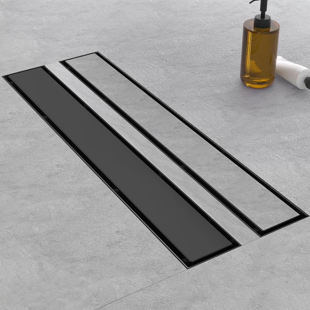 Linear Shower Drain, 24 Inch Matte Black 304 Stainless Steel Shower Drain with Tile Insert Panels, Long Rectangle Shower Floor Drain with Adjustable Feet, Hair Catcher, Fits Bathroom, Balcony