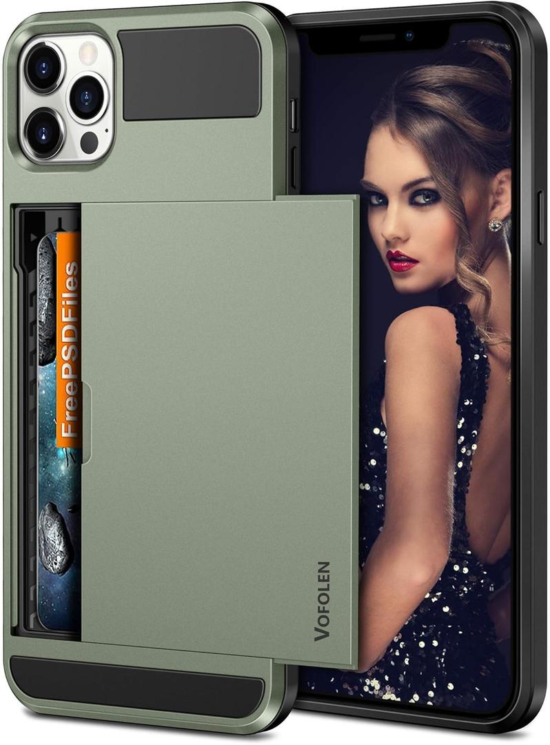 Vofolen Compatible with iPhone 12 Pro Case Wallet 5G Cover Credit Card Holder ID Slot Sliding Back Pocket Anti-Scratch Dual Layer Protective Compatible with iPhone 12 Pro 5G 6.1 Army Green