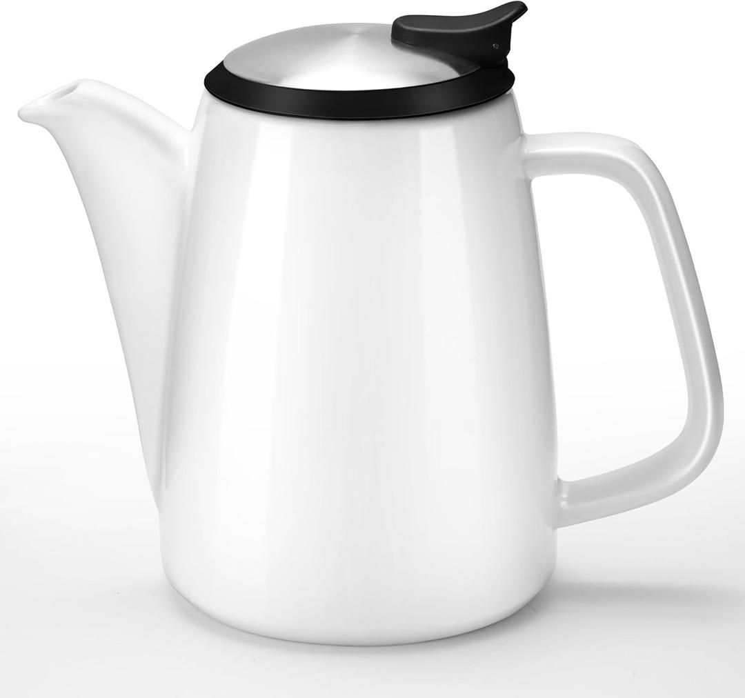Ceramic Teapot with Infuser, 32 oz Loose Leaf Tea Pot Ceramic with Removable Stainless Steel Infuser, Mess-Free Loose Tea Diffusers, Ideal for Tea Steeper (White)