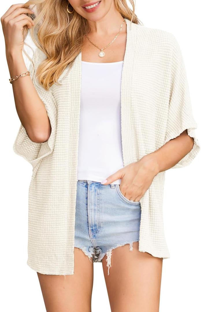 STYLEWORD Women's Summer Fashion Cardigan Lightweight Short Sleeve Beach Cover Up Kimonos (Medium, Cream)