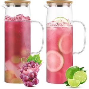 2 Pcs 52oz Glass Pitcher with Lid, Heat Resistant Borosilicate Glass Jug Glass Water Pitcher, Beverage Pitchers with Handles for Iced Tea, Milk, Coffee, Juice