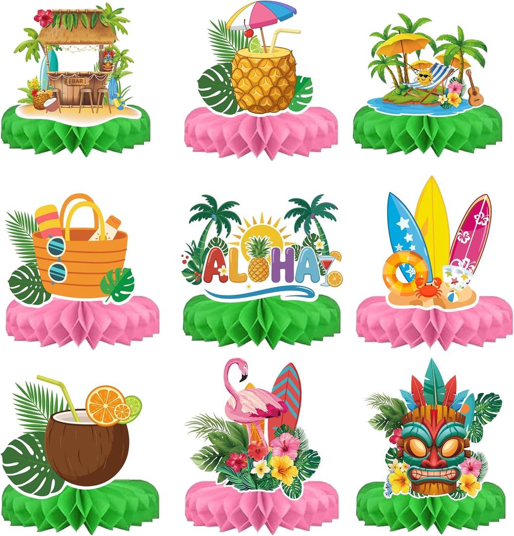 2 x Hawaiian Luau Party Decorations Set, 9 Pcs Aloha Honeycomb Centerpieces for Tables, Tropical Tiki Beach Summer Pool Theme Birthday Party Supplies with Flamingo Surfboard Designs