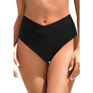 Zmart Womens High Waisted Bikini Bottoms - V Cut Full Coverage Bathing Suit Swimsuit Bottom with Twist Front L