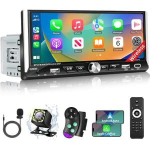 Single Din Car Stereo with Wireless Apple Carplay Android Auto, 6.9" IPS Touchscreen Car Stereo with Bluetooth 5.2 Handsfree Mirror Link Backup Camera GPS Navigation Dual USB Fast Charge FM AM EQ SWC