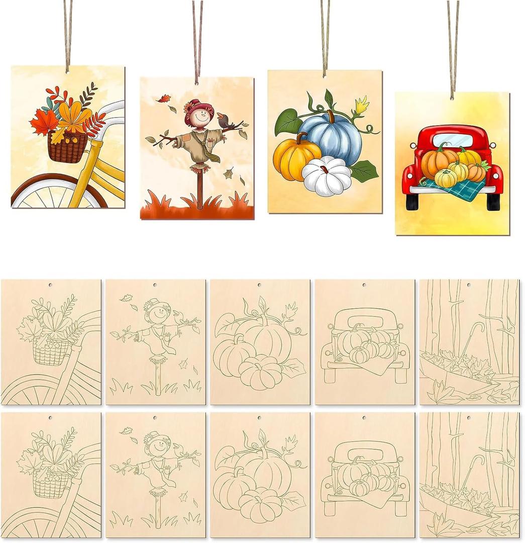 10PCS Large Halloween Unfinished Wood Crafts,Predrilled Wooden Ornaments for Painting,Ghost Witch Bats Designs,Paintable Wood Slices Craft Supplies with Ropes (Autumn)