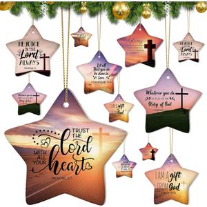 Syhood 24 Pcs Christian Christmas Ornament 12 Styles Bible Verse Christmas Ceramic Ornament Religious Ornaments Star Shaped Hanging Ornaments for Xmas Tree Church Member Gift