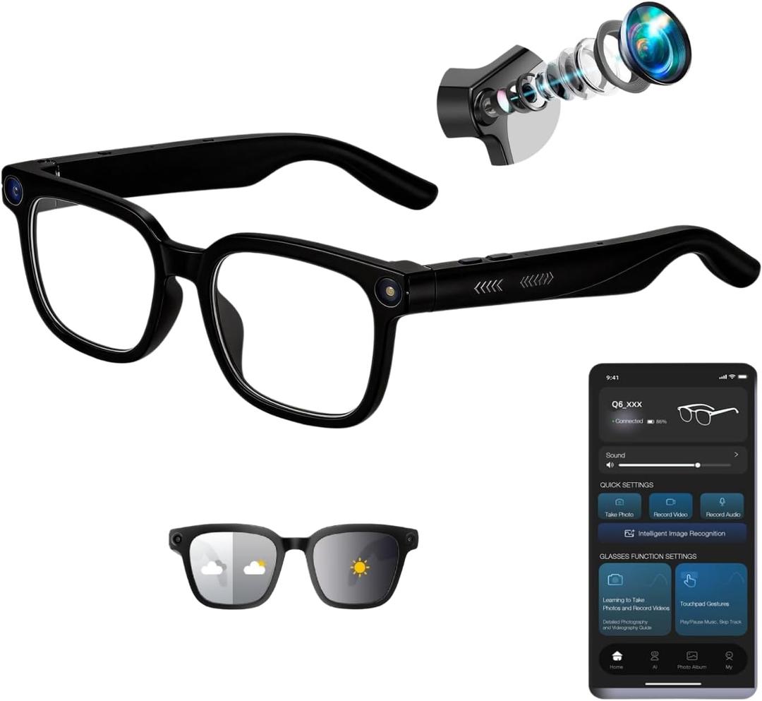 AI Smart Glasses with Camera, 4K HD Video Audio Recording, 164+ Languages Real-Time Translation Bluetooth Sunglasses, AI Voice Assistant, Photochromic Lenses，Voice Control Smart Glasses for Men Women