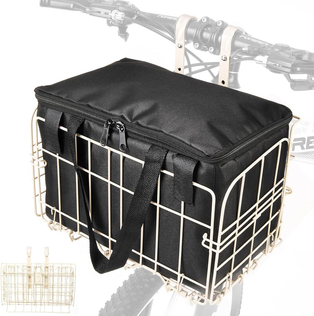 Zacro Folding Bicycle Bike Basket Front with Removable Liner Bag, Large Quick Release Design Metal Ebike Basket for Adult Women/Men Carrying Dogs, Pets, Fruit & Grocery