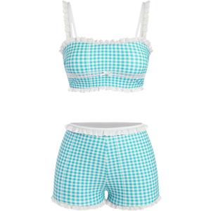 ZAFUL Womens High Waisted Bikini Sets 2 Piece Plaid Ruffle Swimsuits Back Strap Top with High Waisted Shorts Bathing Suit (Blue, M)