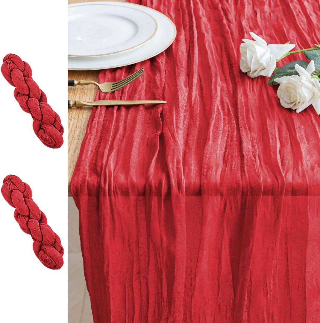 2PCS Table Runner Cheesecloth 10FT Red Boho Gauze Cheese Cloth Rustic Sheer Table Runners for Wedding Birthday Bridal Baby Shower Party Decoration