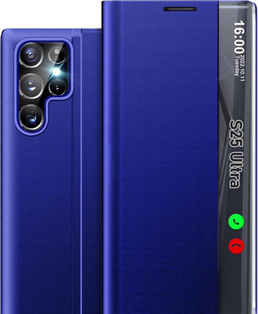 Phone Case for Samsung s25 Ultra 5G, Clear View Window Slim Mirror for S25 Ultra Cover with Kickstand, Leather PC Flip Protective Cover for Samsung Galaxy S25 Ultra 5g Case (Blue)