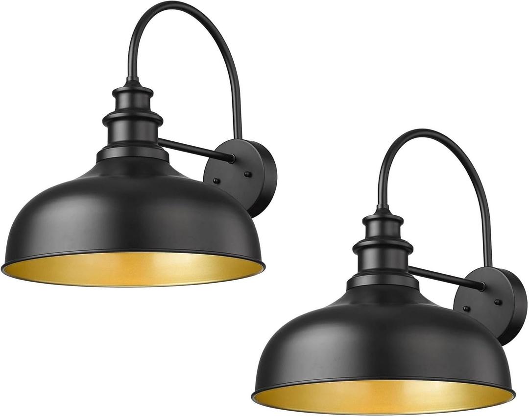 Bestshared Large Outdoor Farmhouse Barn Lights 16 Inch Dome Outdoor Wall Lantern Industrial Wall Sconces Exterior Gooseneck Mount Light,Vintage Outdoor Lighting Fixture (2Pack, Black+ Gold)