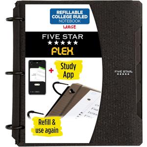 Five Star Flex Refillable Notebook + Study App, College Ruled Paper and 1 Inch TechLock Ring Binder with Pockets, Tabs and Dividers, 200 Sheet Capacity, Black (29328AA2)