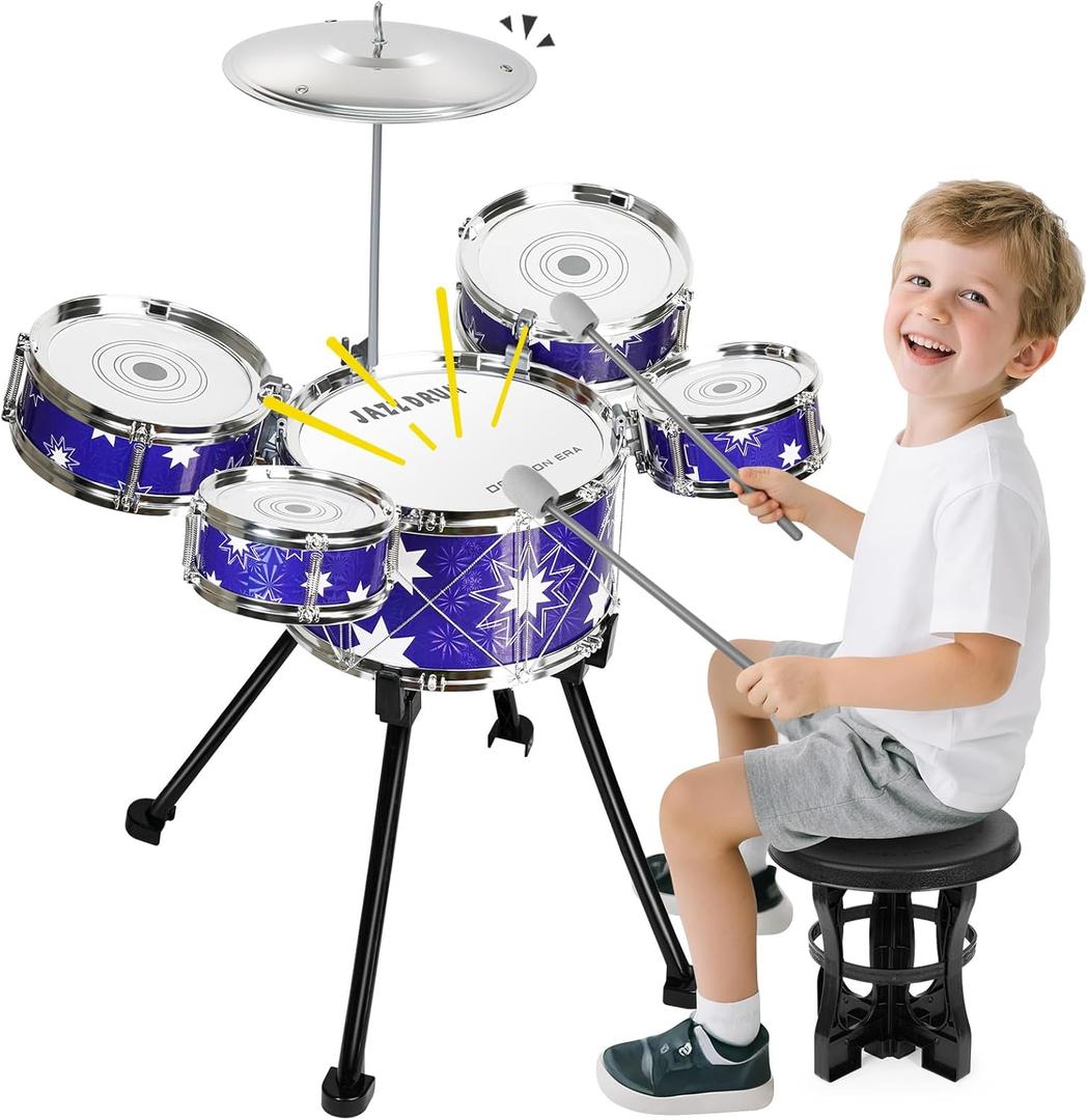 Upgraded Drum Set for Toddler Toy Ages 2-4 Kids Jazz Drums Kit with Stool Musical Instrument Toys for 3 4 5 Year Old Girls Boys Gifts (Small)
