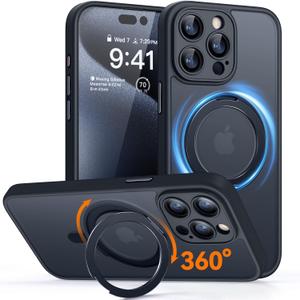 CANSHN 360° Spin Magnetic Stand for iPhone 15 Pro Case [Full Camera Protection] [Compatible with Magsafe] [Translucent Matte] Shockproof Protective Kickstand Phone Cover 6.1" - Deep Blue