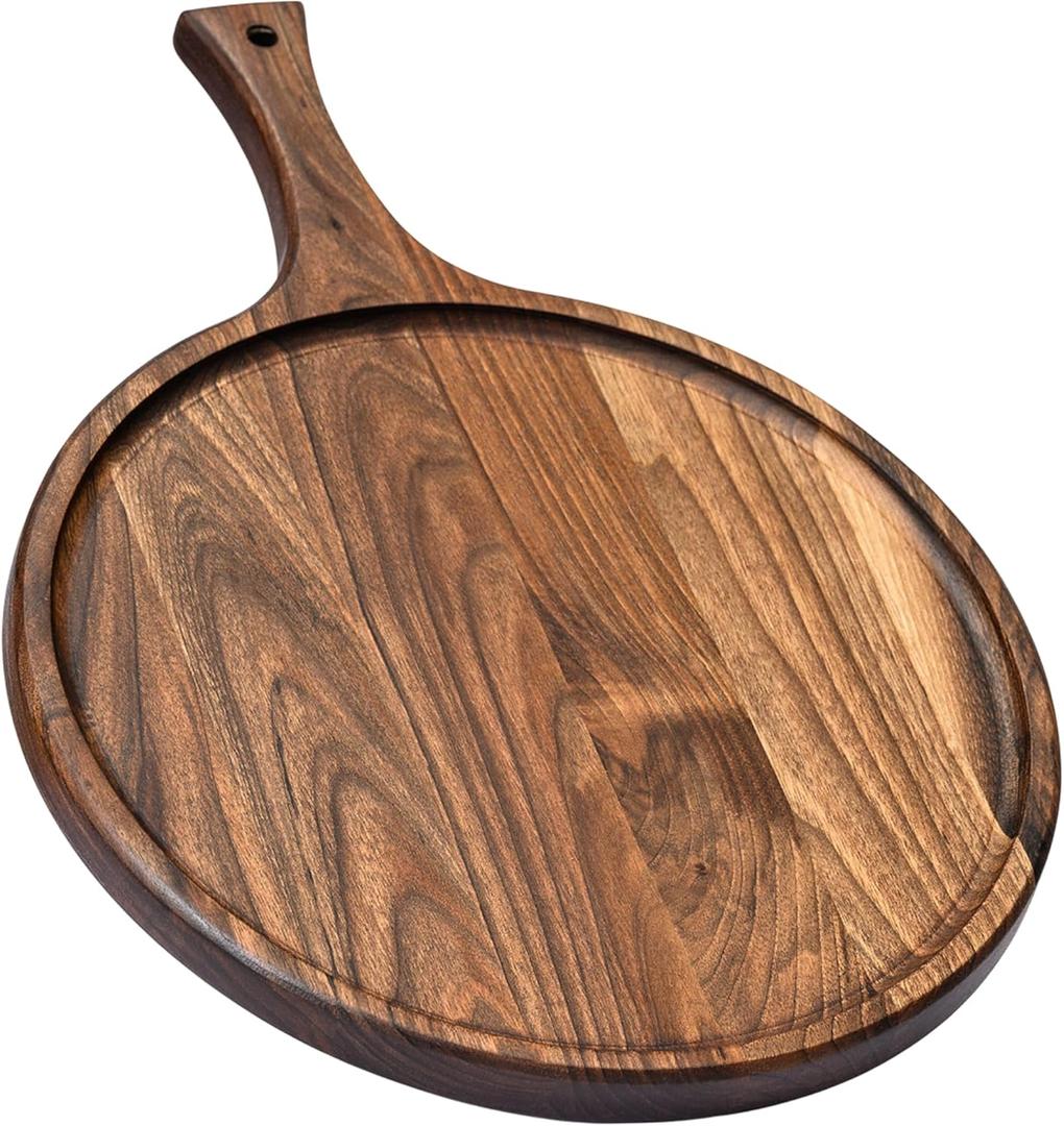 Round American Dark Walnut Wood Cutting and Serving Board with Handle - Charcuterie Wooden Board - Stylish Versatility for Your Kitchen - 17x13x0.8 in - Woodie Poppins (Large)