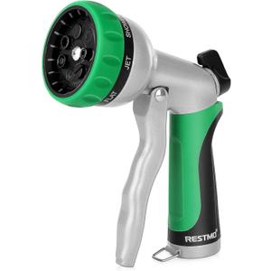 RESTMO Garden Hose Nozzle, Heavy Duty Metal Water Hose Nozzle with 7 Adjustable Spray Patterns, High Pressure Hand Sprayer with Flow Control for Watering Plants & Lawns, Washing Cars & Pets (Green)