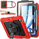 SEYMAC Stock Case for iPad Air 11-inch M4-M2 2026-2024 (Gen 8-6), Shockproof Heavy Duty Case with Screen Protector, Pencil Holder, Rotating Stand, Hand Strap, Shoulder Strap, Red
