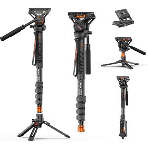 Professional Camera Monopod with Feet, 73.2 inch Aluminum Portable Travel Video Monopod with Removable Tripod Stand Base, Max Load 22 Lbs, New Q6 Fluid Head for DJI RS4 Manfrotto