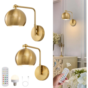 Powfloven Gold Battery Operated Wall Sconces Set of 2, Rechargeable Cordless Wall Light Fixture with Remote, Dimmable Wireless Battery Powered Wall Decor Lighting Lamp for Bedroom Living Room