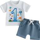 WZTYYDS Baby Boy First Birthday Outfit Number Animal Print Short Sleeve Tops & Shorts Sets 1st Birthday Outfit Summer Clothes (White)