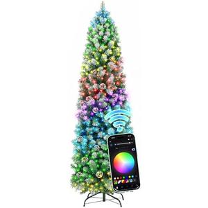 HOLLO STAR 5 ft Prelit Christmas Tree with 233 LED Lights, App Control, Slim Pencil Christmas Tree, Multi-Color RGBW Lights, 588 Flocked Frosted Tips, Xmas Tree, 51 Pine Cones, for Home, Party