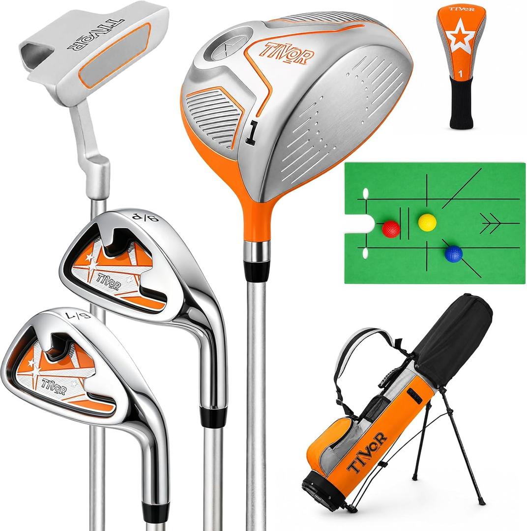 Kids Golf Clubs Set for Ages 6-8,Right Handed Junior Golf Clubs 7 Piece Set with 400cc Driver,7 Iron,9 Iron,Putter,Stand Bag,Headcover & Practice Mat,Kids Golf Set for Height 3'10"-4'4",Blue Orange