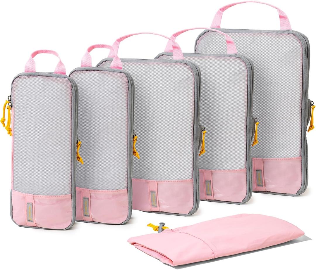 (Not Made In China) Compression Packing Cubes For Travel 6pc Set, Suitcase and Luggage Organizer Bags, Lightweight, Durable (6pc, Baby Pink)
