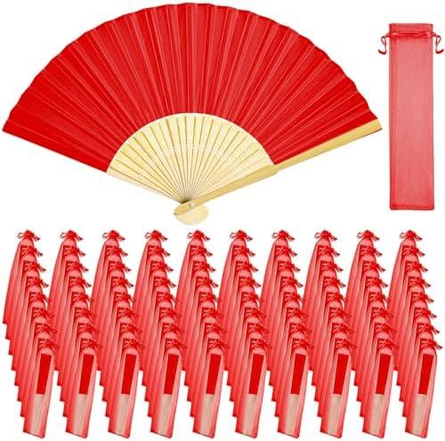 Tatuo 80 Pcs Hand Fans Bamboo Silk Folding Fans Handheld Fan Foldable Makeup Fan Valentines Chinese Decorative Folding Cosplay Decorations Men Women Wedding Bridal Party Festival(Red)