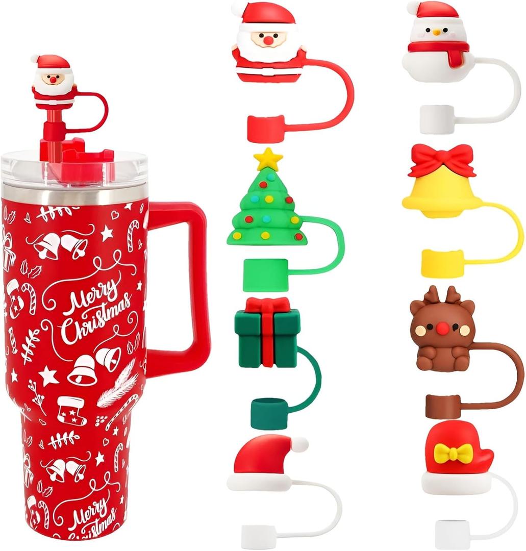 8 Packs Soft Silicone 3D Straw Toppers, Red Christmas Series, Fit 0.4in/10mm Straws, Compatible with Stanley Cup 30&40 Oz, Reusable Dust-Proof Leakproof Straws Covers Protectors Accessories