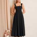KUTUMAI Bow Tie Floral Corset Midi Dress Flowy Summer Tea Party Wedding Guest Dresses for Women Sundress with Pockets (Black)